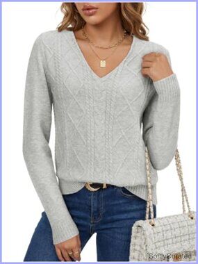 Cable Knit V-Neck Pullover Sweater Work Office